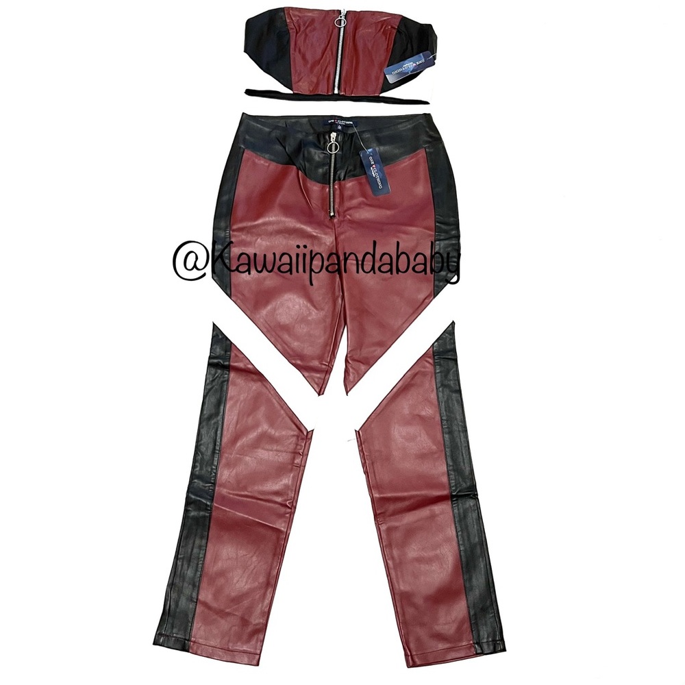 NWT Burgundy Black White Faux Leather Tube Crop Top & Pants 2 PC Set Size Large